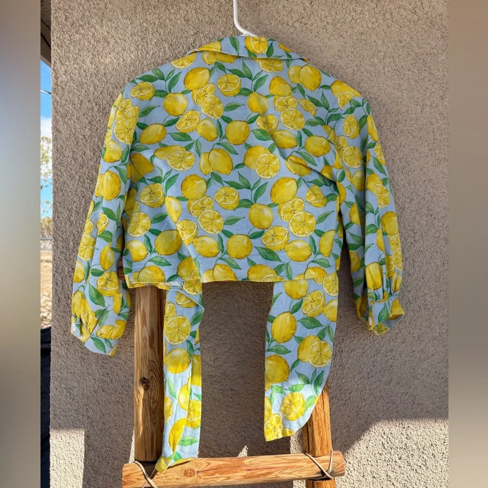 Zara Linen Yellow Lemon-Print Open Front Blouse XS - Picture 3 of 3
